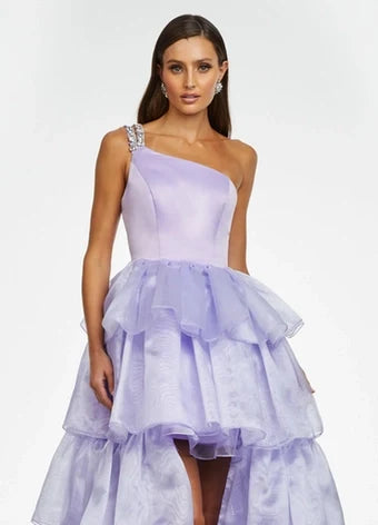 Glamorous A-Line One-Shoulder Sleeveless Beaded Ruffled Lavender High-Low Evening Dress Women's