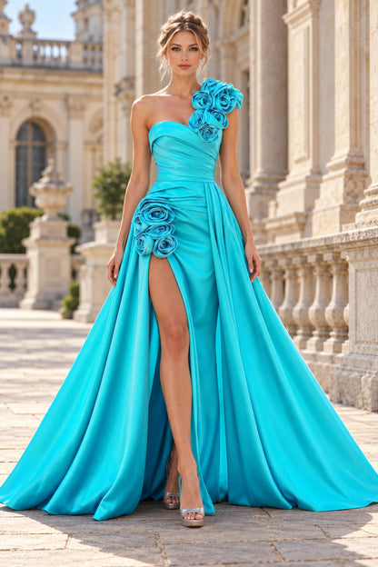 Glamorous A-Line One-Shoulder Sleeveless Rosette Slit Blue Long Prom Dresses Women Gown