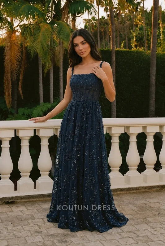 Glamorous A-Line Square Neck Sleeveless Sequin Embroidered Navy Prom Dresses Gown