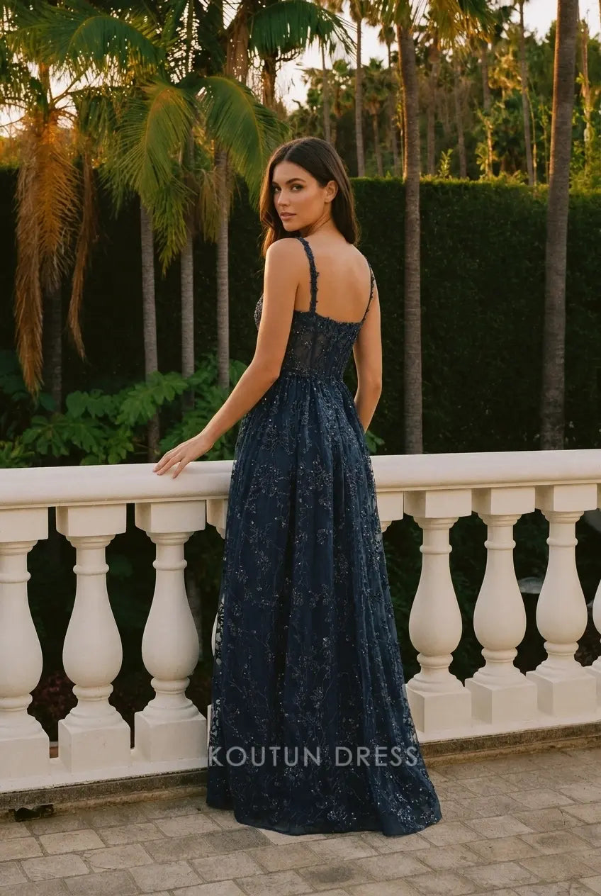 Glamorous A-Line Square Neck Sleeveless Sequin Embroidered Navy Prom Dresses Gown