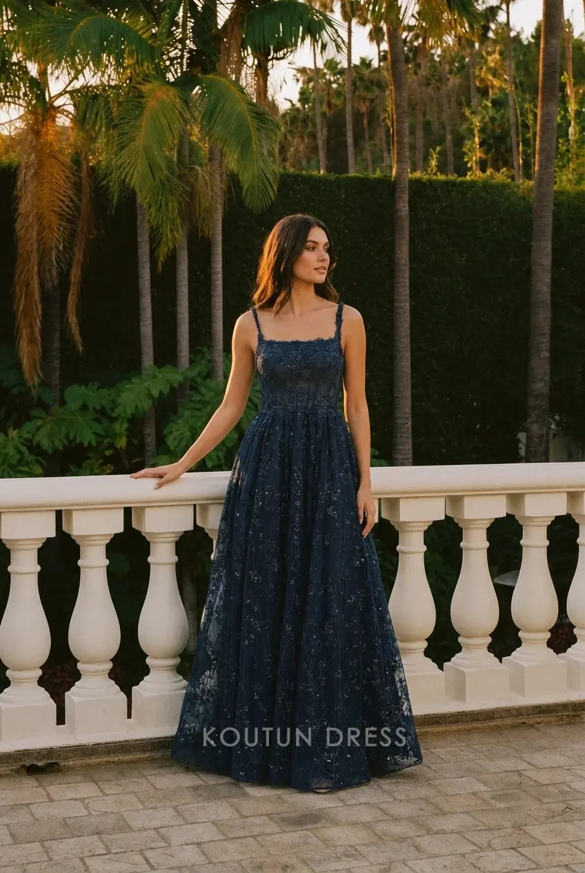 Glamorous A-Line Square Neck Sleeveless Sequin Embroidered Navy Prom Dresses Gown
