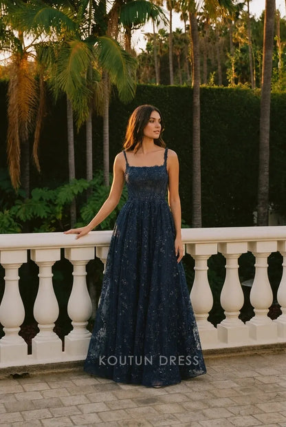 Glamorous A-Line Square Neck Sleeveless Sequin Embroidered Navy Prom Dresses Gown