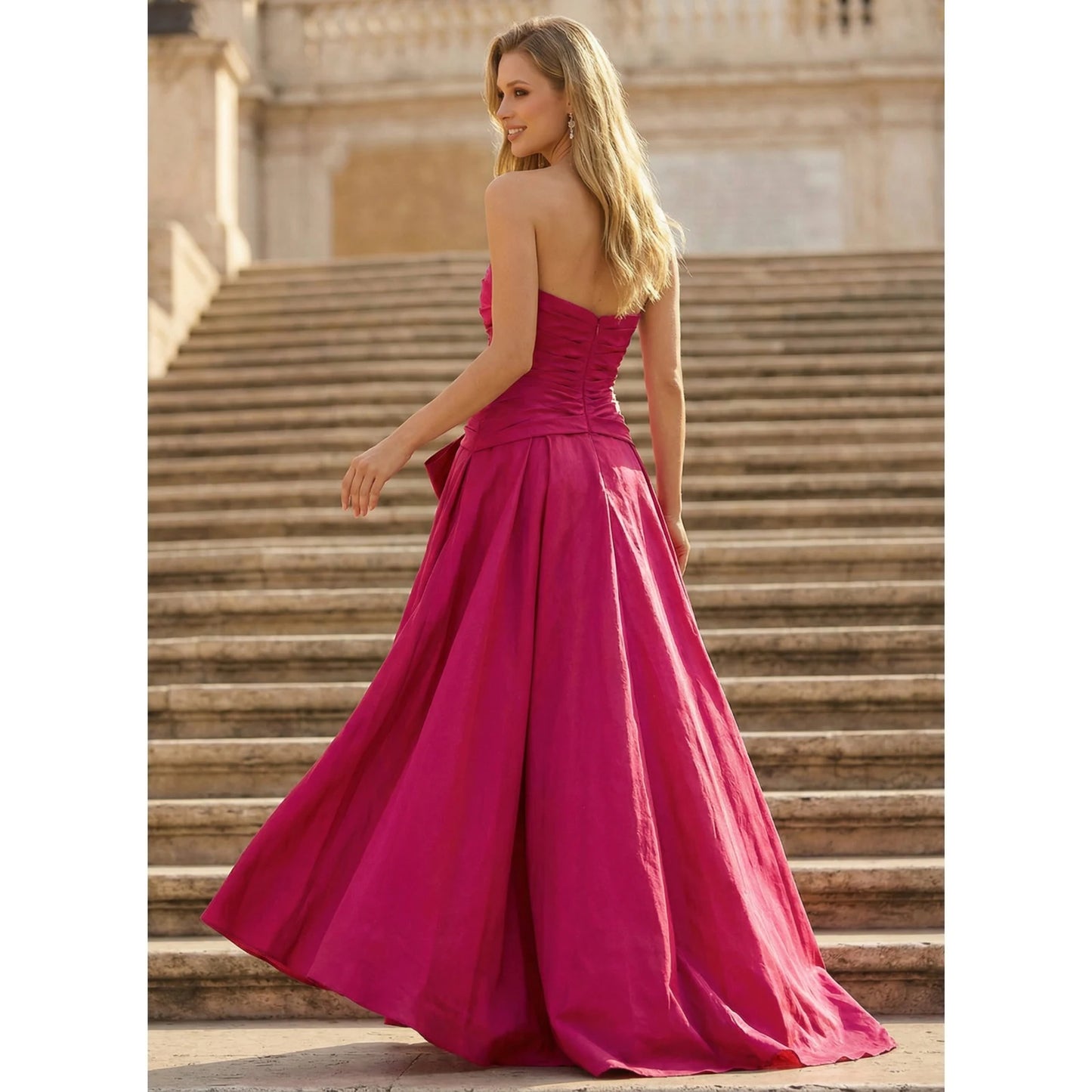 Glamorous A-Line Strapless Bow-Knot High-Slit Fuchsia Long Prom Dresses Gown