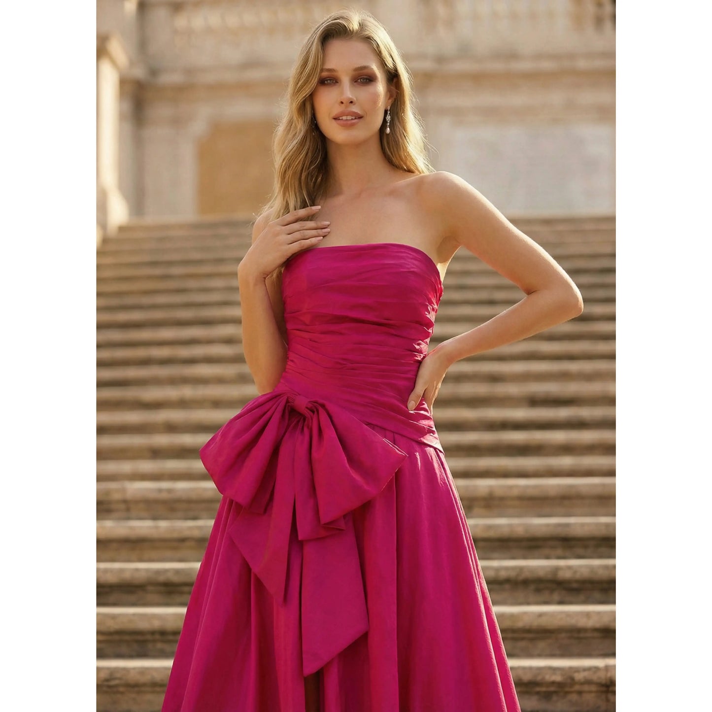 Glamorous A-Line Strapless Bow-Knot High-Slit Fuchsia Long Prom Dresses Gown