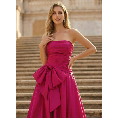 Glamorous A-Line Strapless Bow-Knot High-Slit Fuchsia Long Prom Dresses Gown