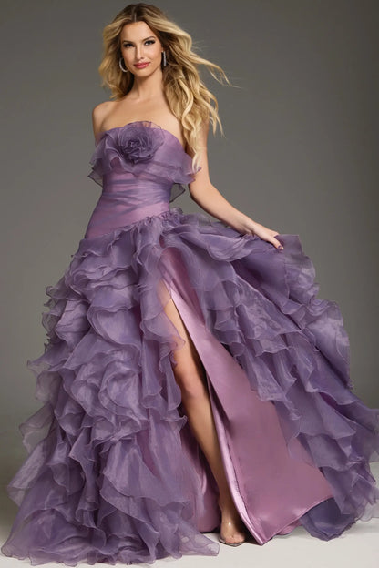 Glamorous A-Line Strapless Ruffled High-Slit Lavender Floor-Length Mother of the Bride Gown