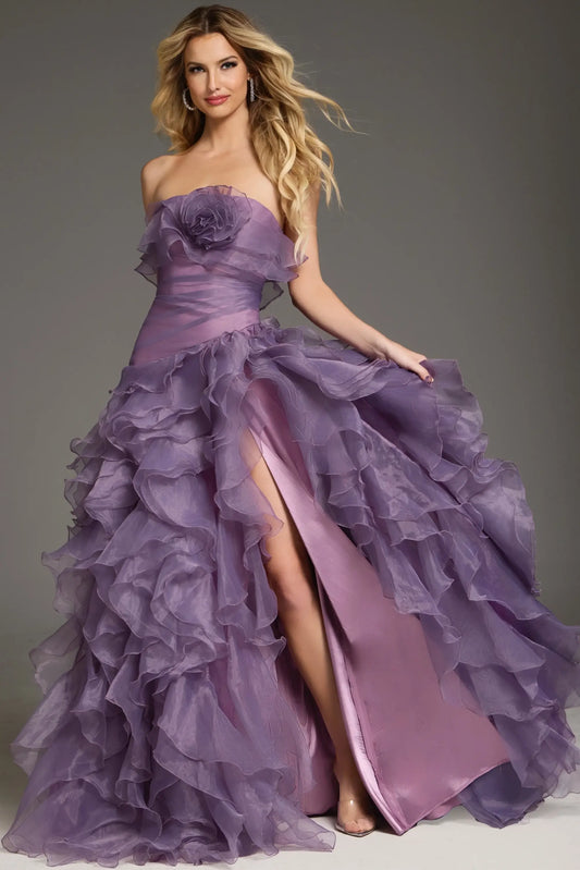 Glamorous A-Line Strapless Ruffled High-Slit Lavender Floor-Length Mother of the Bride Gown
