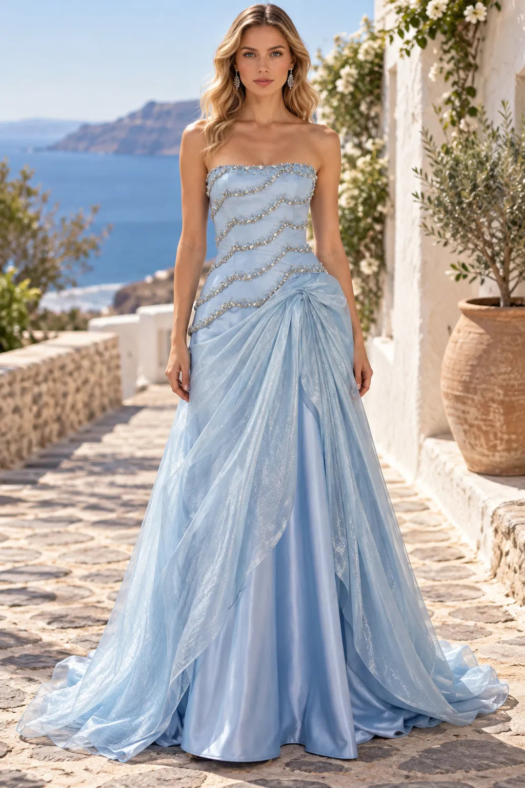Glamorous A-Line Strapless Sleeveless Beaded Draped Light Blue Floor-Length Prom Dresses Women Gown