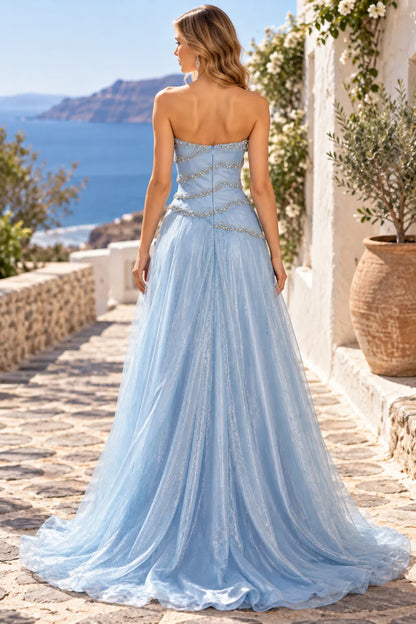 Glamorous A-Line Strapless Sleeveless Beaded Draped Light Blue Floor-Length Prom Dresses Women Gown