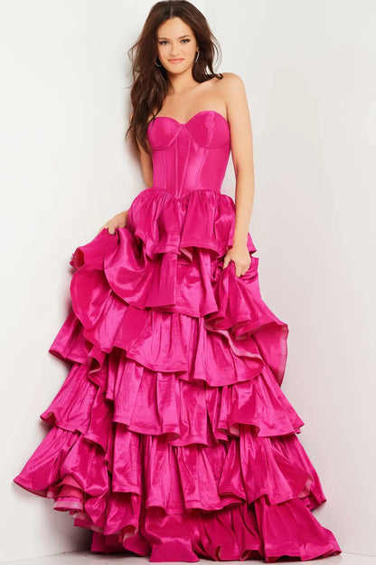 Glamorous A-Line Strapless Sleeveless Corset Ruffled Hot Pink Floor-Length Evening Gown