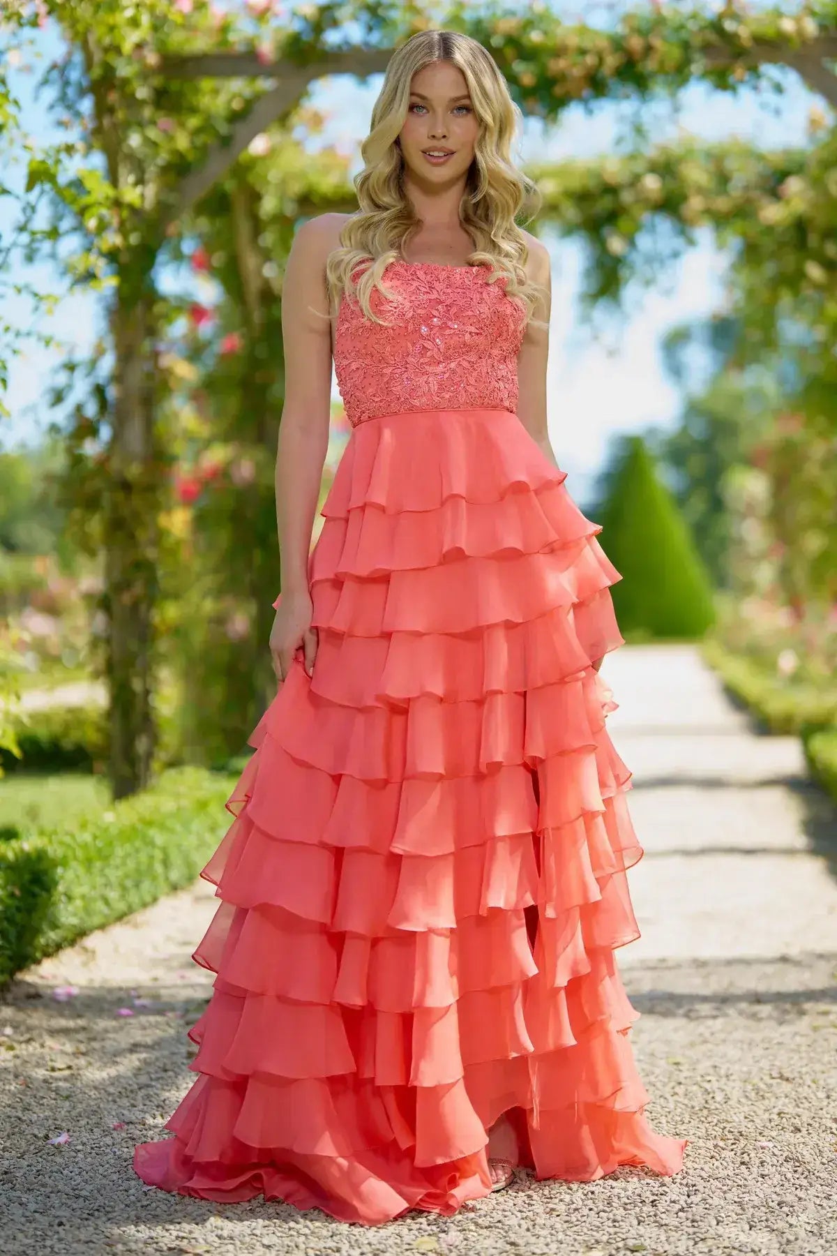 Glamorous A-Line Strapless Sleeveless Tiered Ruffle Coral Floor-Length Evening Dresses Gown