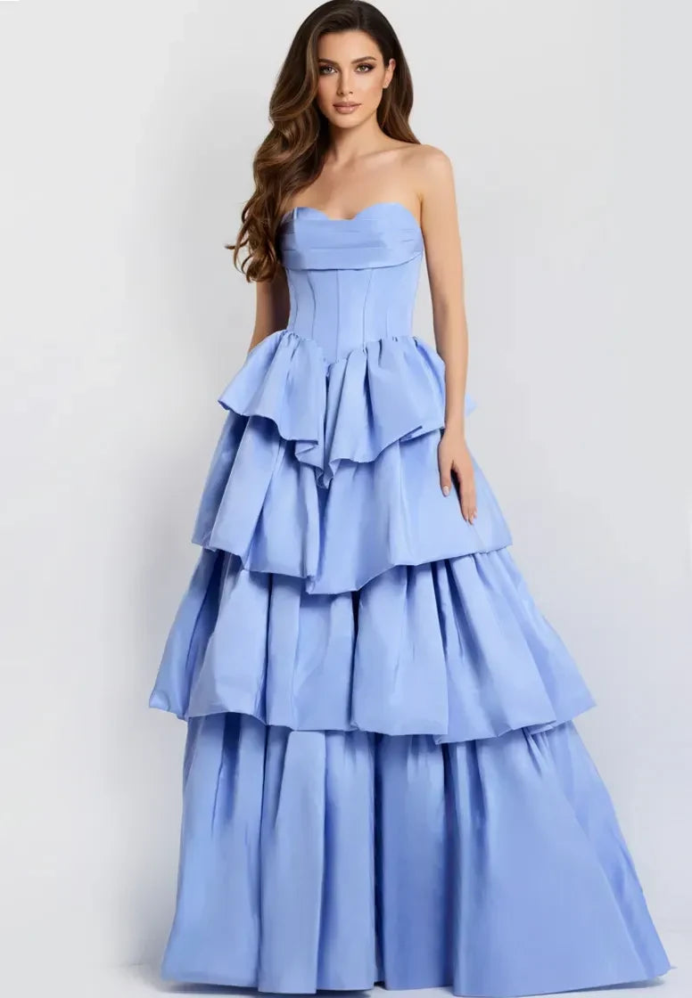 Glamorous A-Line Strapless Sweetheart Ruffled Sky Blue Floor-Length Evening Dresses Women's Gown