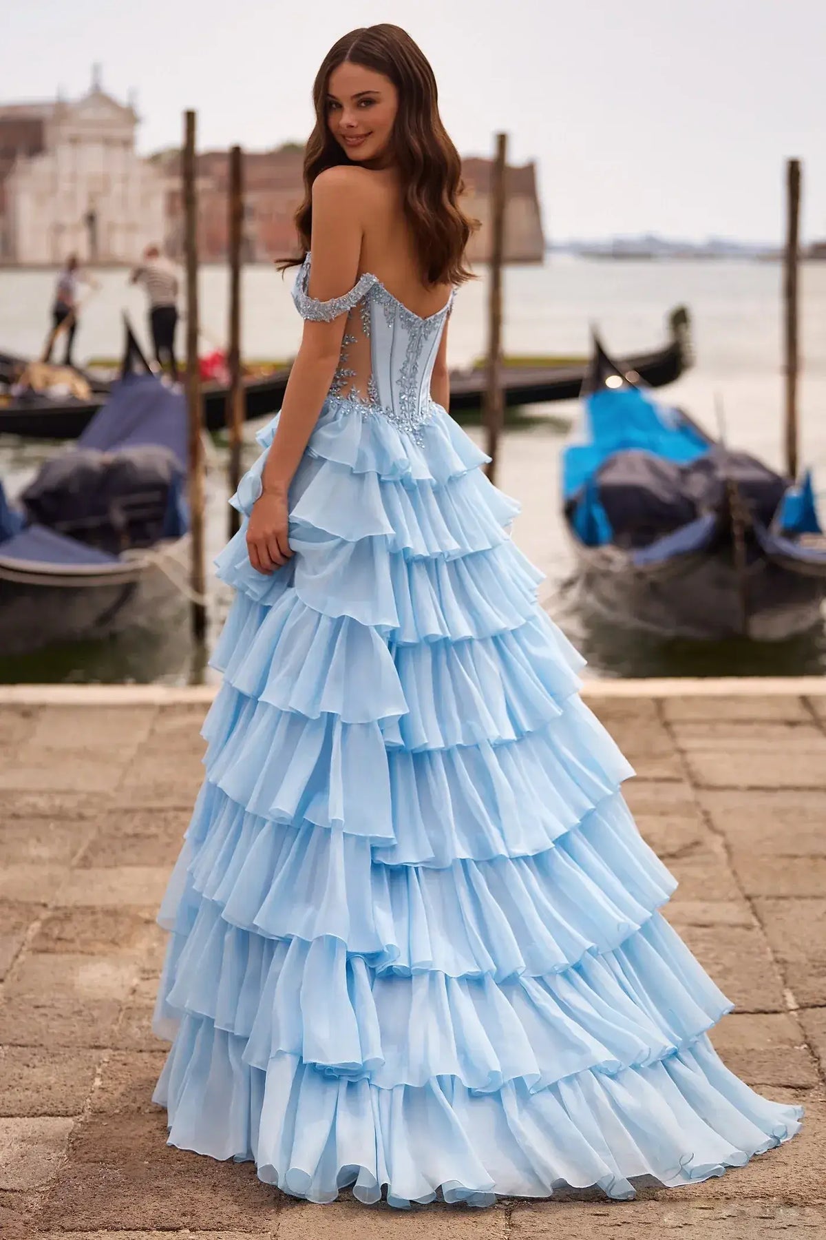 Glamorous A-Line Sweetheart Off-Shoulder Ruffled Tiered Light Blue Long Prom Dress