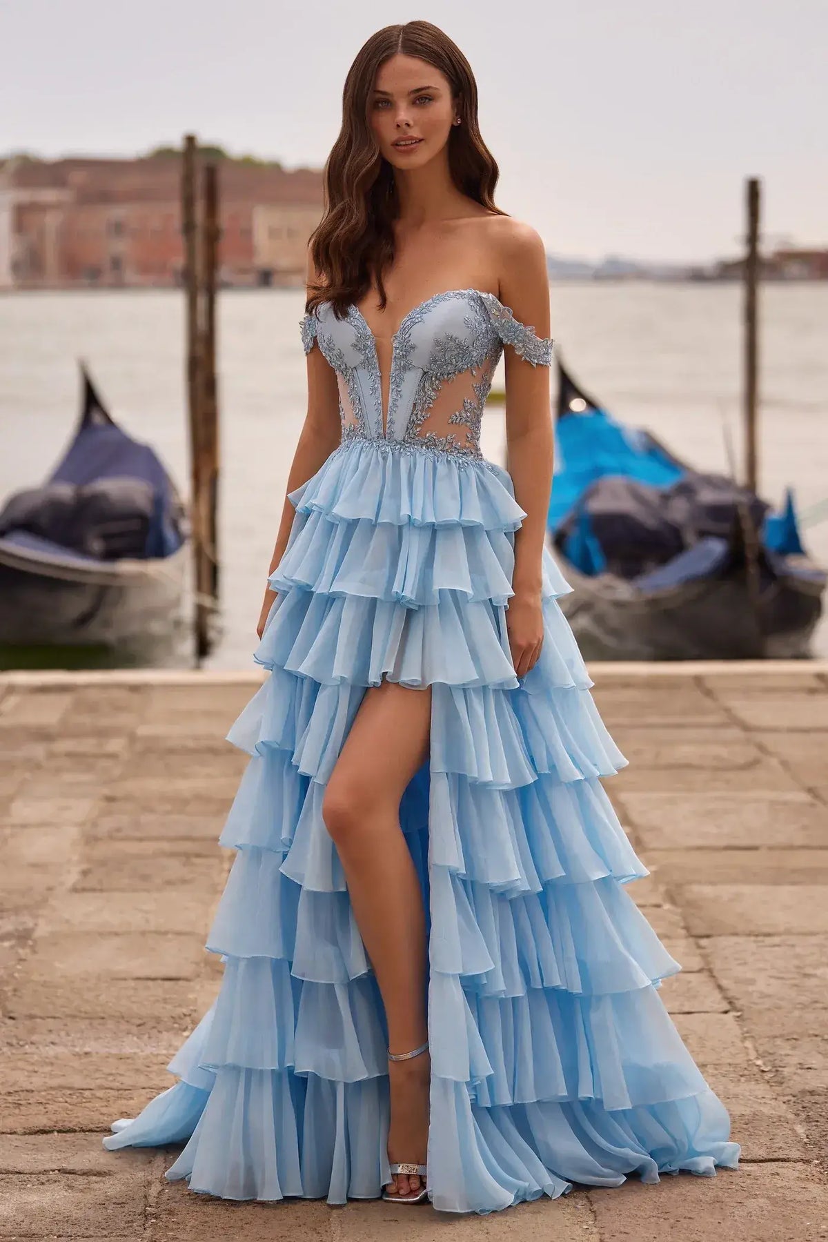 Glamorous A-Line Sweetheart Off-Shoulder Ruffled Tiered Light Blue Long Prom Dress