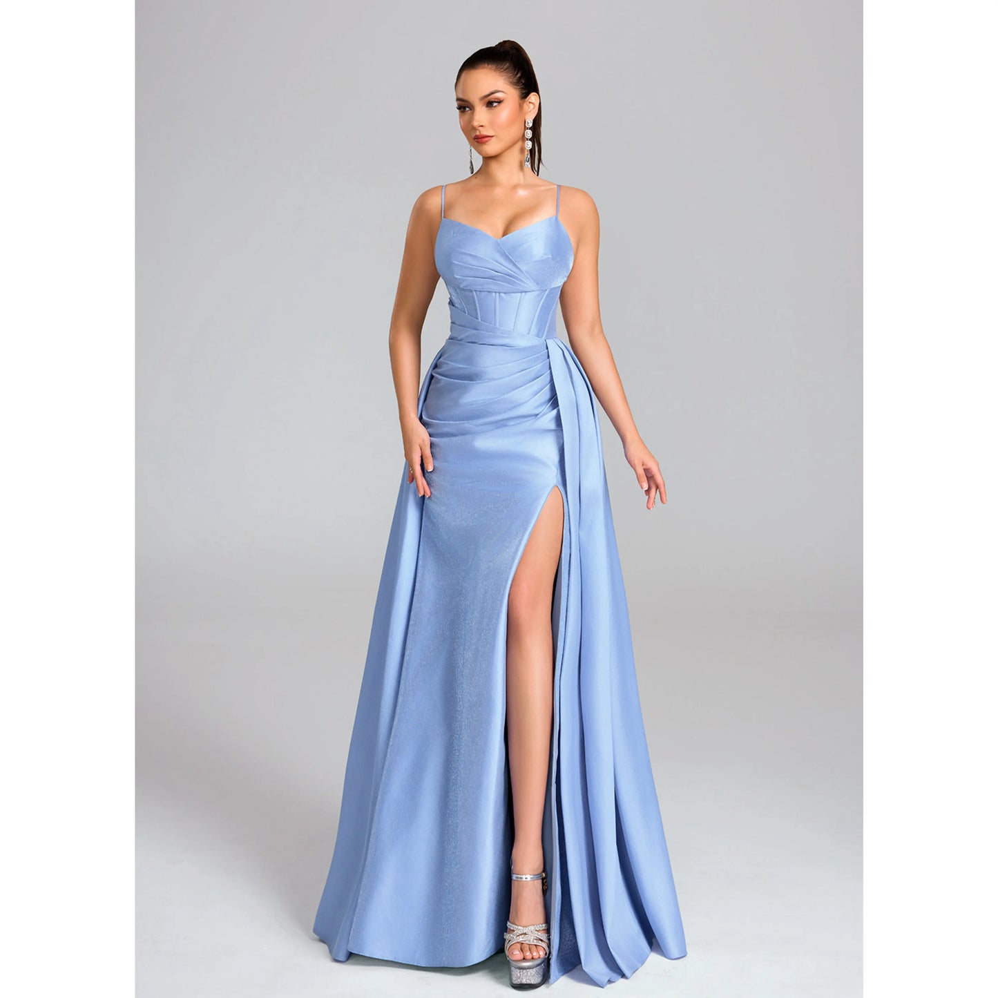 Glamorous A-Line Sweetheart Sleeveless Ruched Corset Shimmering Blue Floor-Length Prom Dress Gown