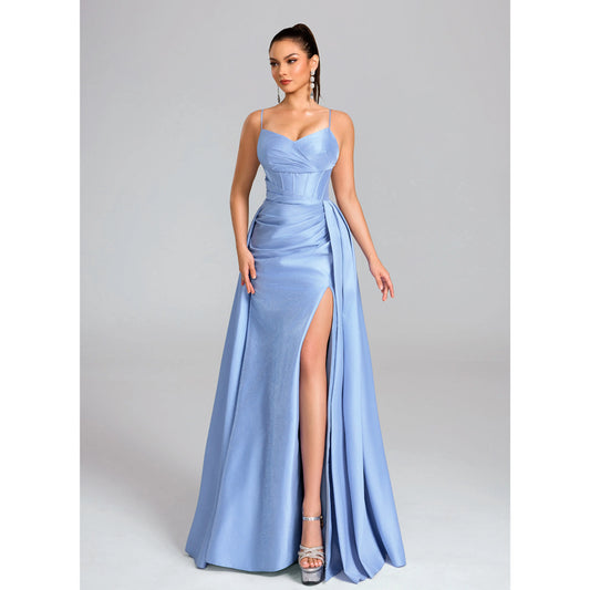 Glamorous A-Line Sweetheart Sleeveless Ruched Corset Shimmering Blue Floor-Length Prom Dress Gown
