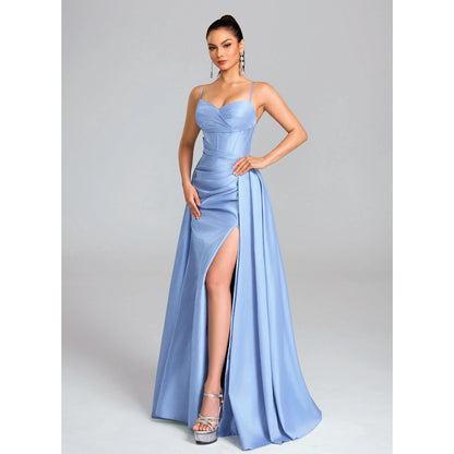 Glamorous A-Line Sweetheart Sleeveless Ruched Corset Shimmering Blue Floor-Length Prom Dress Gown