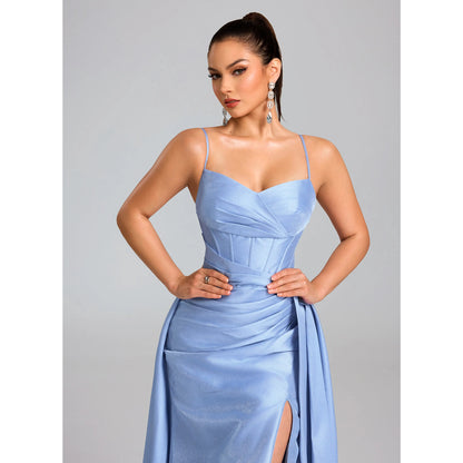 Glamorous A-Line Sweetheart Sleeveless Ruched Corset Shimmering Blue Floor-Length Prom Dress Gown