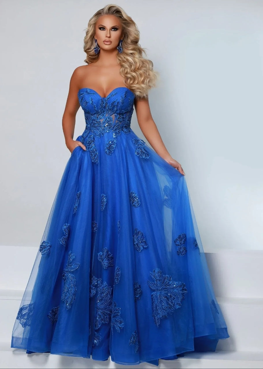 Glamorous A-Line Sweetheart Sleeveless Sequin Applique Royal Blue Floor-Length Evening Dresses Women's Gown