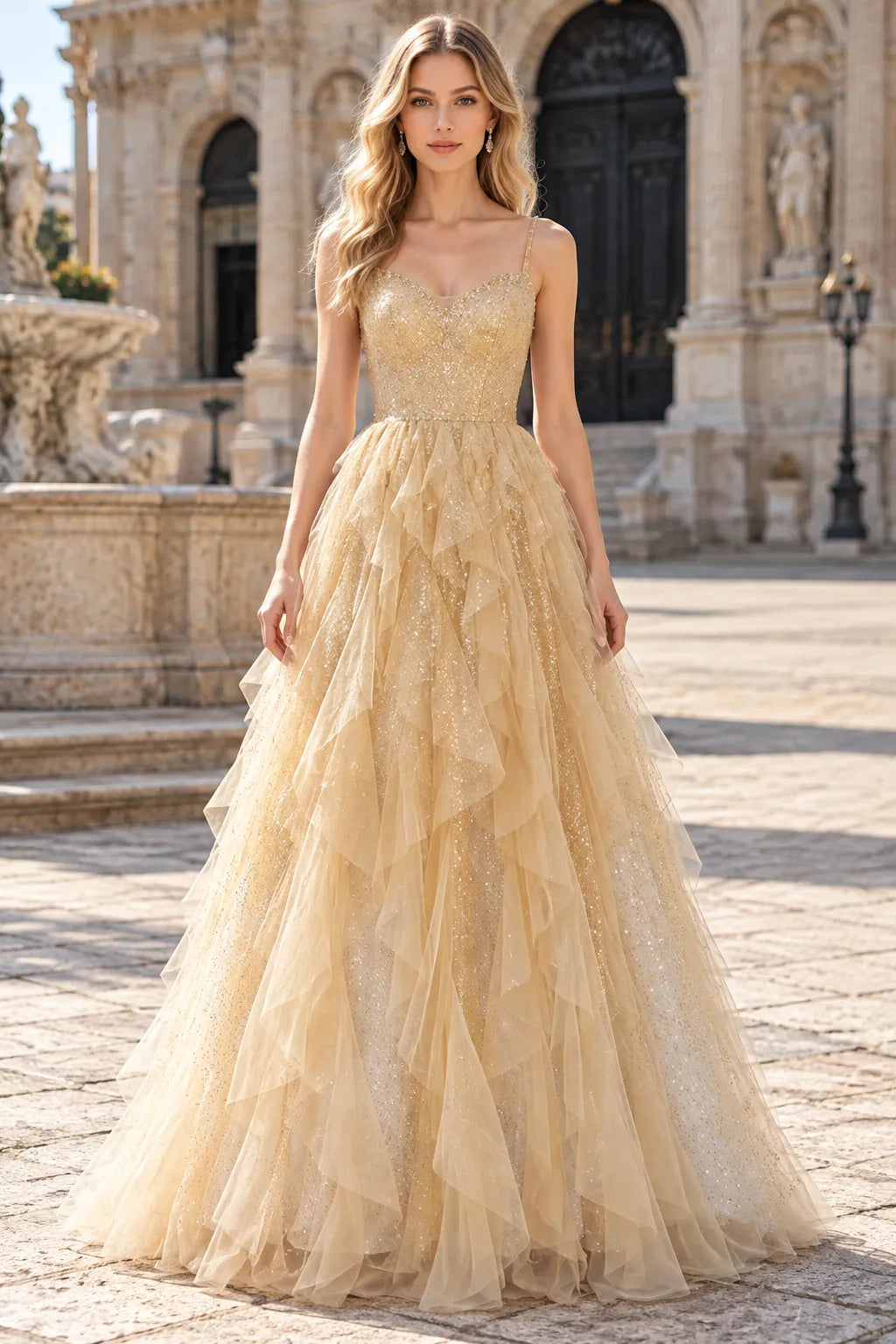Glamorous A-Line Sweetheart Sleeveless Tiered Ruffled Champagne Long Prom Dresses Gown