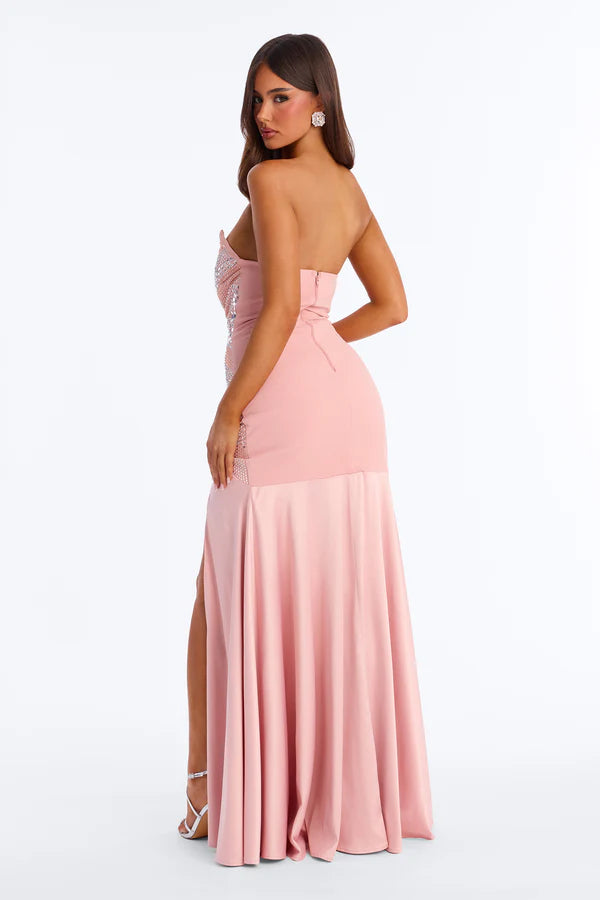 Glamorous A-Line Sweetheart Strapless Beaded Slit Blush Pink Floor-Length Prom Dress Gown