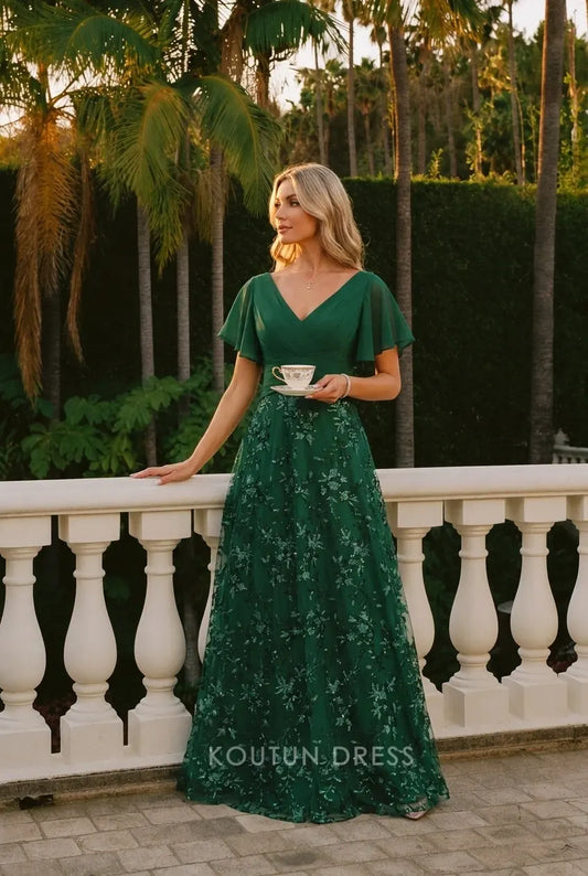 Glamorous A-Line V-Neck Flutter Sleeve Sequin Emerald Floor-Length Prom Dress Gown