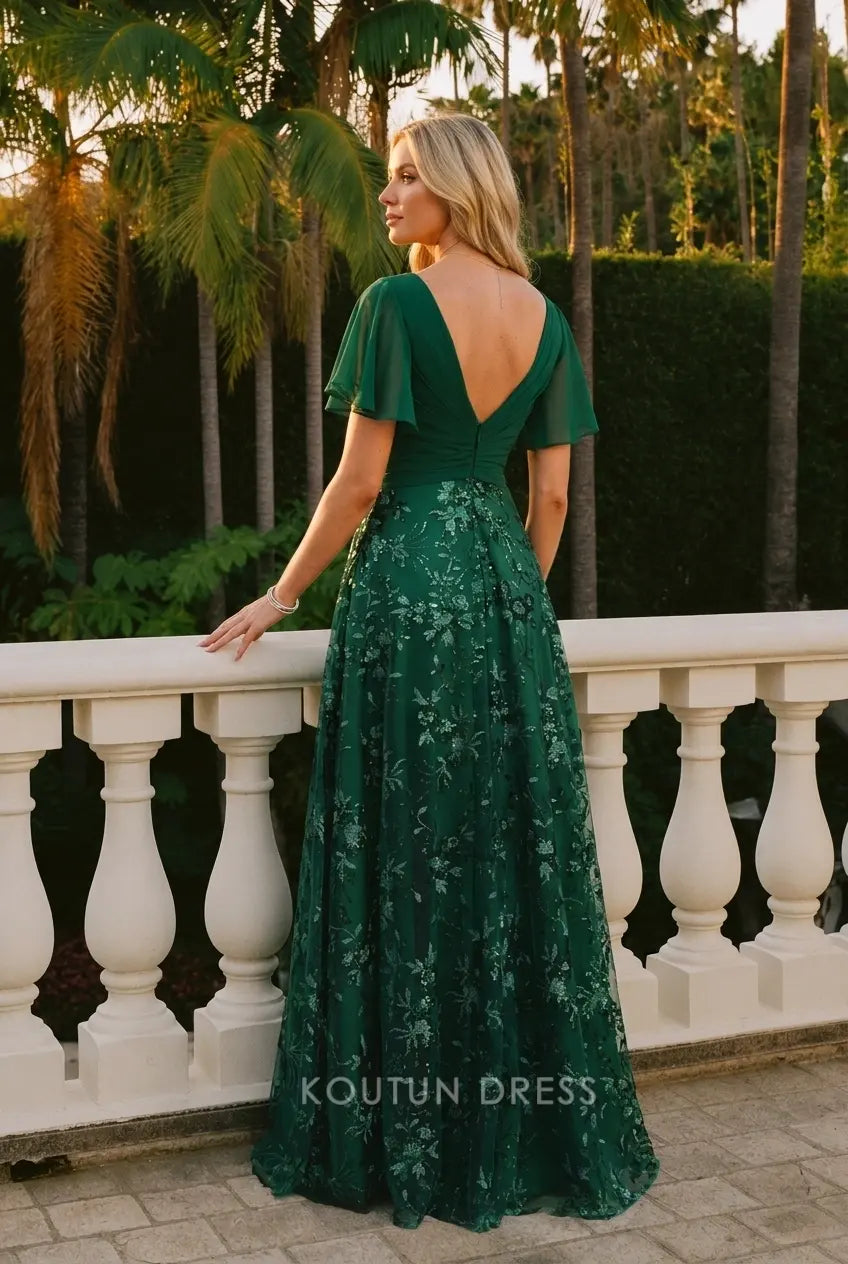 Glamorous A-Line V-Neck Flutter Sleeve Sequin Emerald Floor-Length Prom Dress Gown