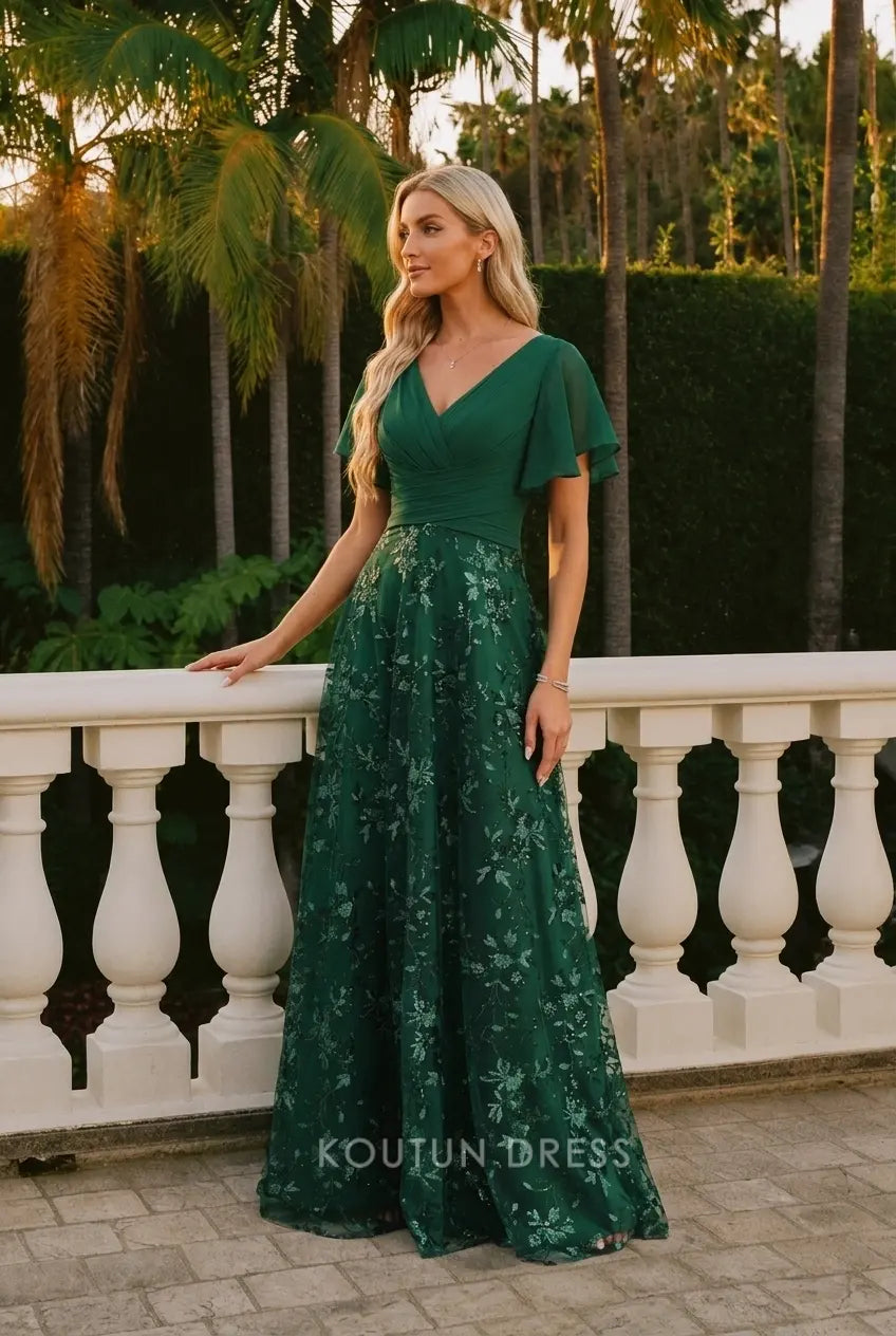 Glamorous A-Line V-Neck Flutter Sleeve Sequin Emerald Floor-Length Prom Dress Gown