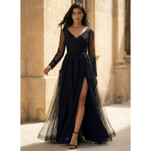 Glamorous A-Line V-Neck Long Sleeve Slit Black Floor-Length Prom Gown