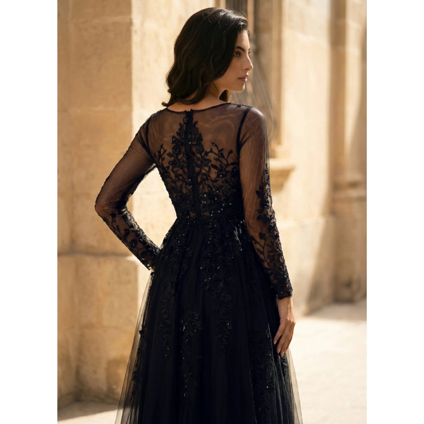 Glamorous A-Line V-Neck Long Sleeve Slit Black Floor-Length Prom Gown
