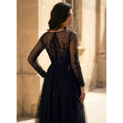 Glamorous A-Line V-Neck Long Sleeve Slit Black Floor-Length Prom Gown