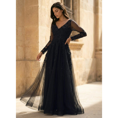 Glamorous A-Line V-Neck Long Sleeve Slit Black Floor-Length Prom Gown