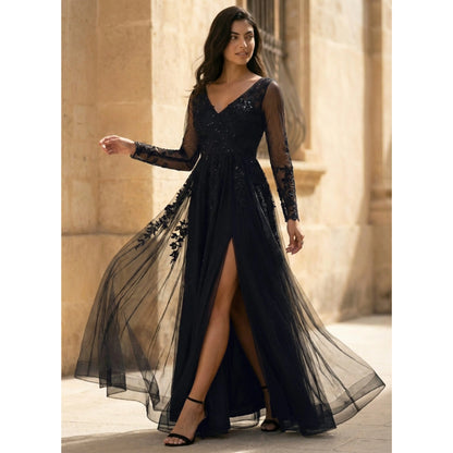Glamorous A-Line V-Neck Long Sleeve Slit Black Floor-Length Prom Gown