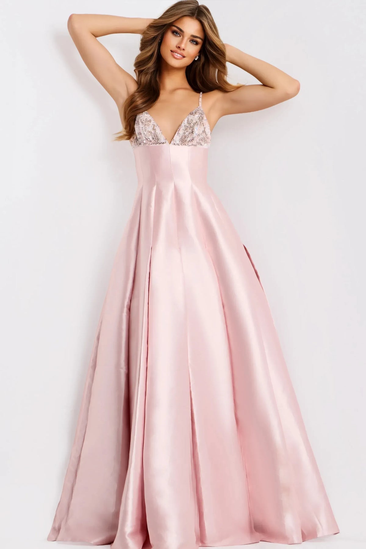 Glamorous A-Line V-Neck Sleeveless Beaded Blush Pink Floor-Length Evening Dress for Women