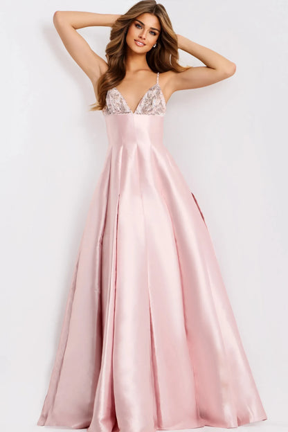 Glamorous A-Line V-Neck Sleeveless Beaded Blush Pink Floor-Length Evening Dress for Women