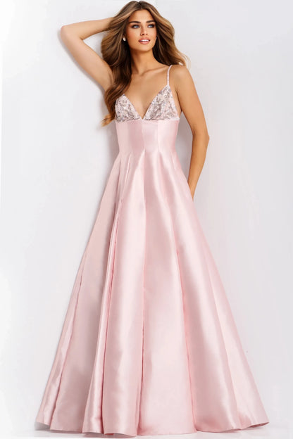 Glamorous A-Line V-Neck Sleeveless Beaded Blush Pink Floor-Length Evening Dress for Women