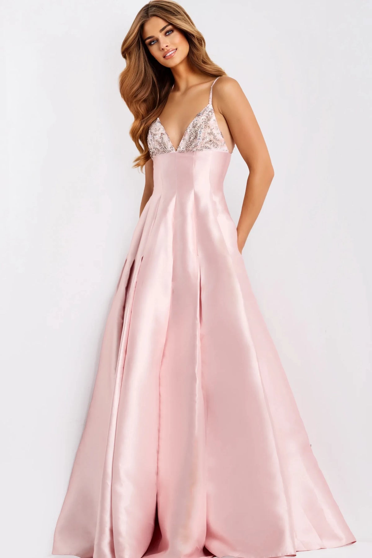 Glamorous A-Line V-Neck Sleeveless Beaded Blush Pink Floor-Length Evening Dress for Women