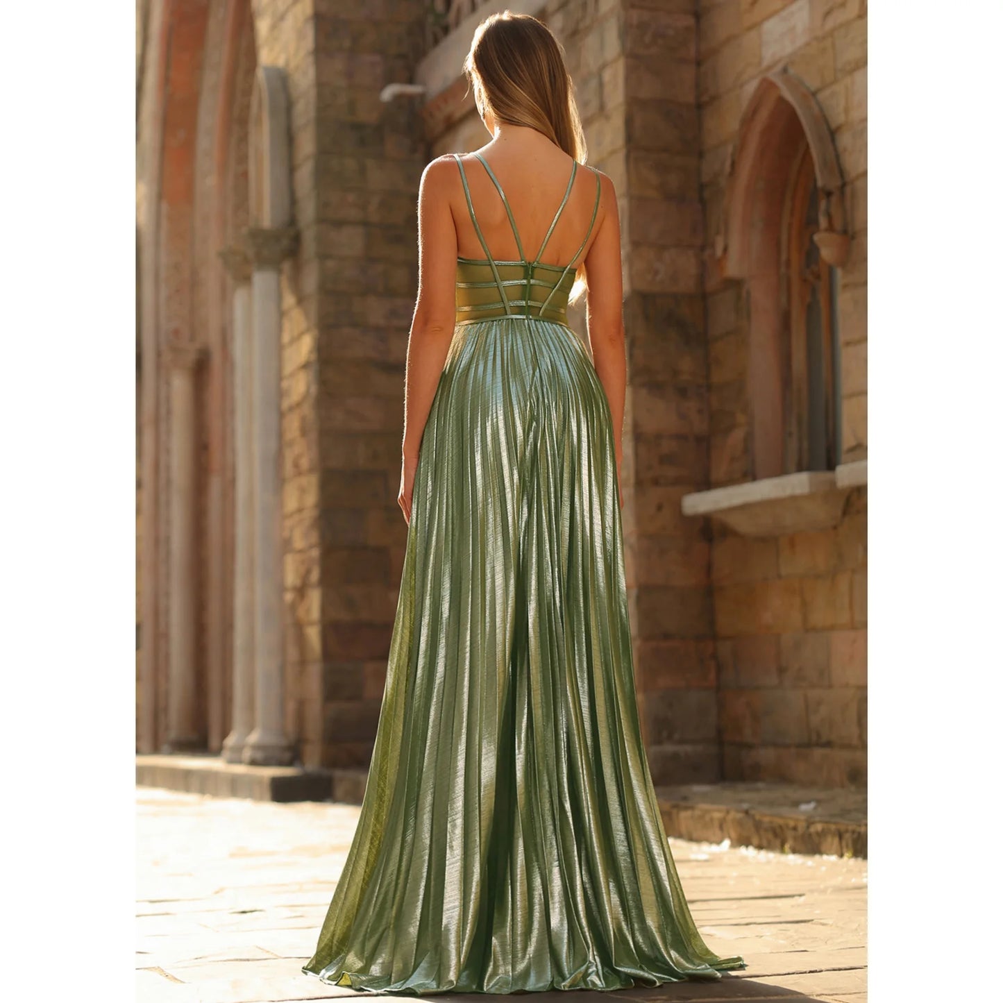 Glamorous A-Line V-Neck Sleeveless Pleated Shimmering Green Floor-Length Prom Gown