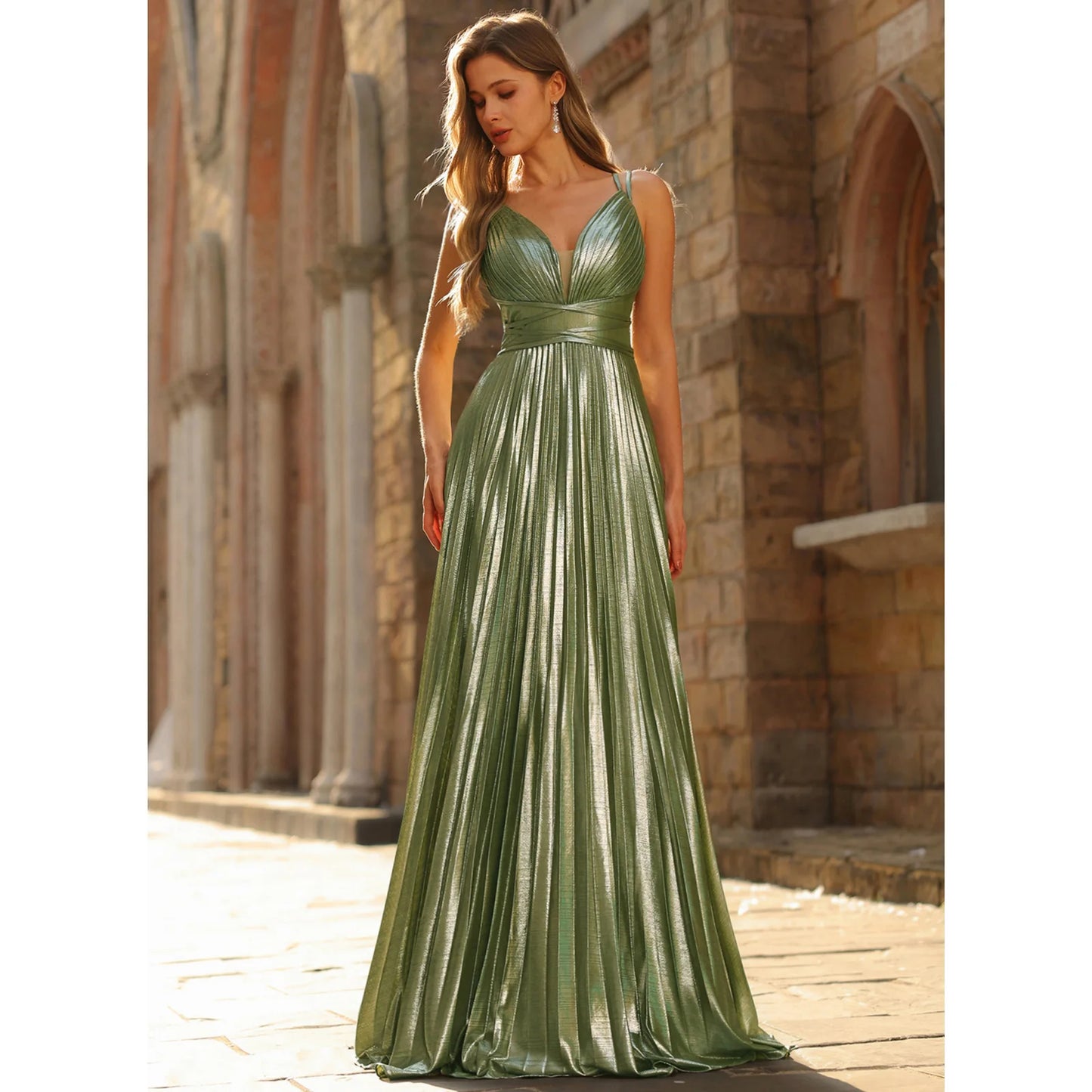 Glamorous A-Line V-Neck Sleeveless Pleated Shimmering Green Floor-Length Prom Gown
