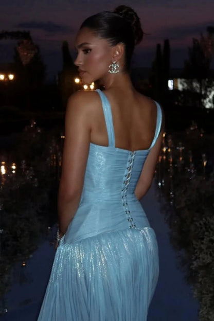 Glamorous A-Line V-Neck Sleeveless Pleated Slit Blue Long Prom Dresses Gown