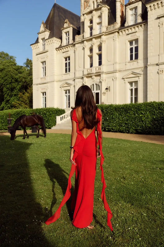 Glamorous A-Line V-Neck Sleeveless Ruffled Backless Red Floor-Length Prom Dress