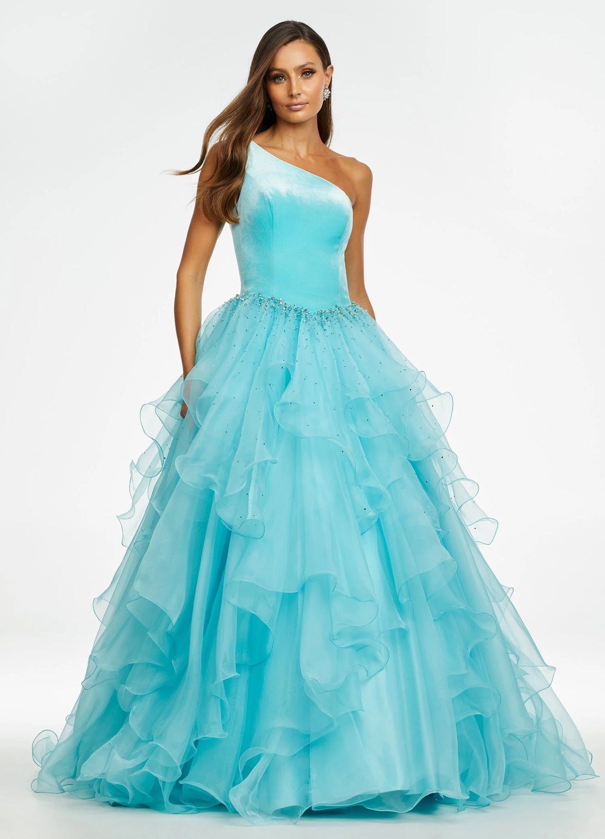 Glamorous Ball Gown One-Shoulder Sleeveless Sparkly Ruffled Aqua Floor-Length Evening Dresses Women
