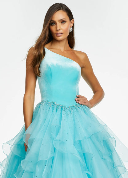 Glamorous Ball Gown One-Shoulder Sleeveless Sparkly Ruffled Aqua Floor-Length Evening Dresses Women