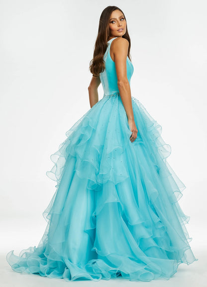 Glamorous Ball Gown One-Shoulder Sleeveless Sparkly Ruffled Aqua Floor-Length Evening Dresses Women
