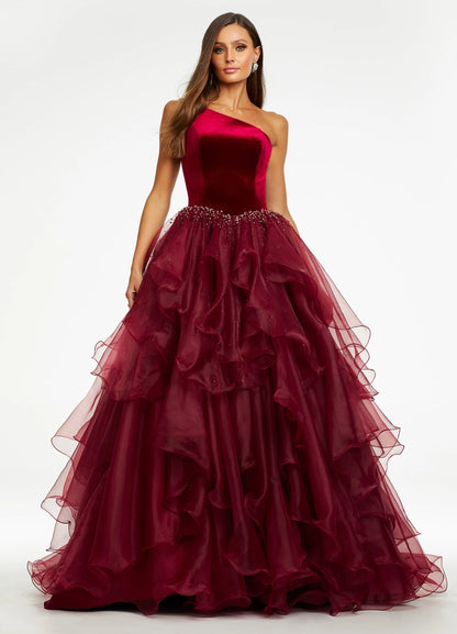 Glamorous Ball Gown One-Shoulder Sleeveless Sparkly Ruffled Aqua Floor-Length Evening Dresses Women