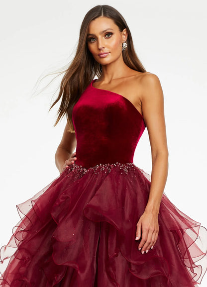 Glamorous Ball Gown One-Shoulder Sleeveless Sparkly Ruffled Aqua Floor-Length Evening Dresses Women