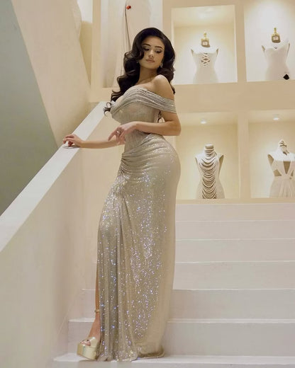 Glamorous Bodycon Off-Shoulder Ruched Slit Champagne Gold Floor-Length Prom Dresses