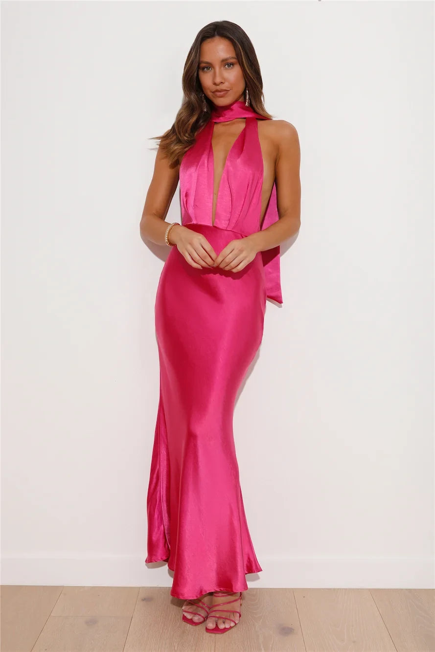Glamorous Fitted Halter Sleeveless Backless Chic Hot Pink Floor-Length Prom Gown