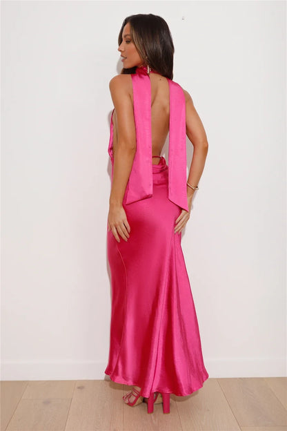 Glamorous Fitted Halter Sleeveless Backless Chic Hot Pink Floor-Length Prom Gown