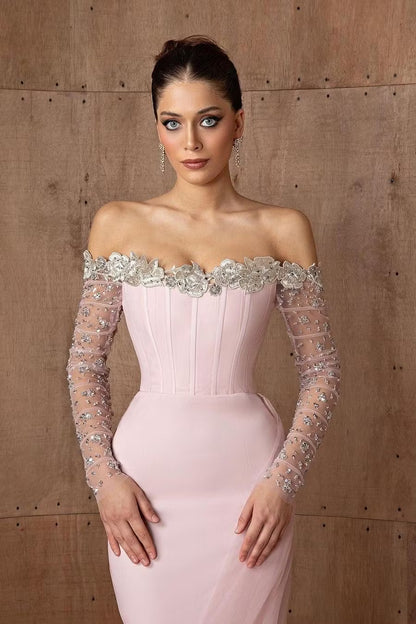 Glamorous Fitted Off-Shoulder Long Sleeves Beaded Appliqued Blush Pink Floor-Length Prom Dress